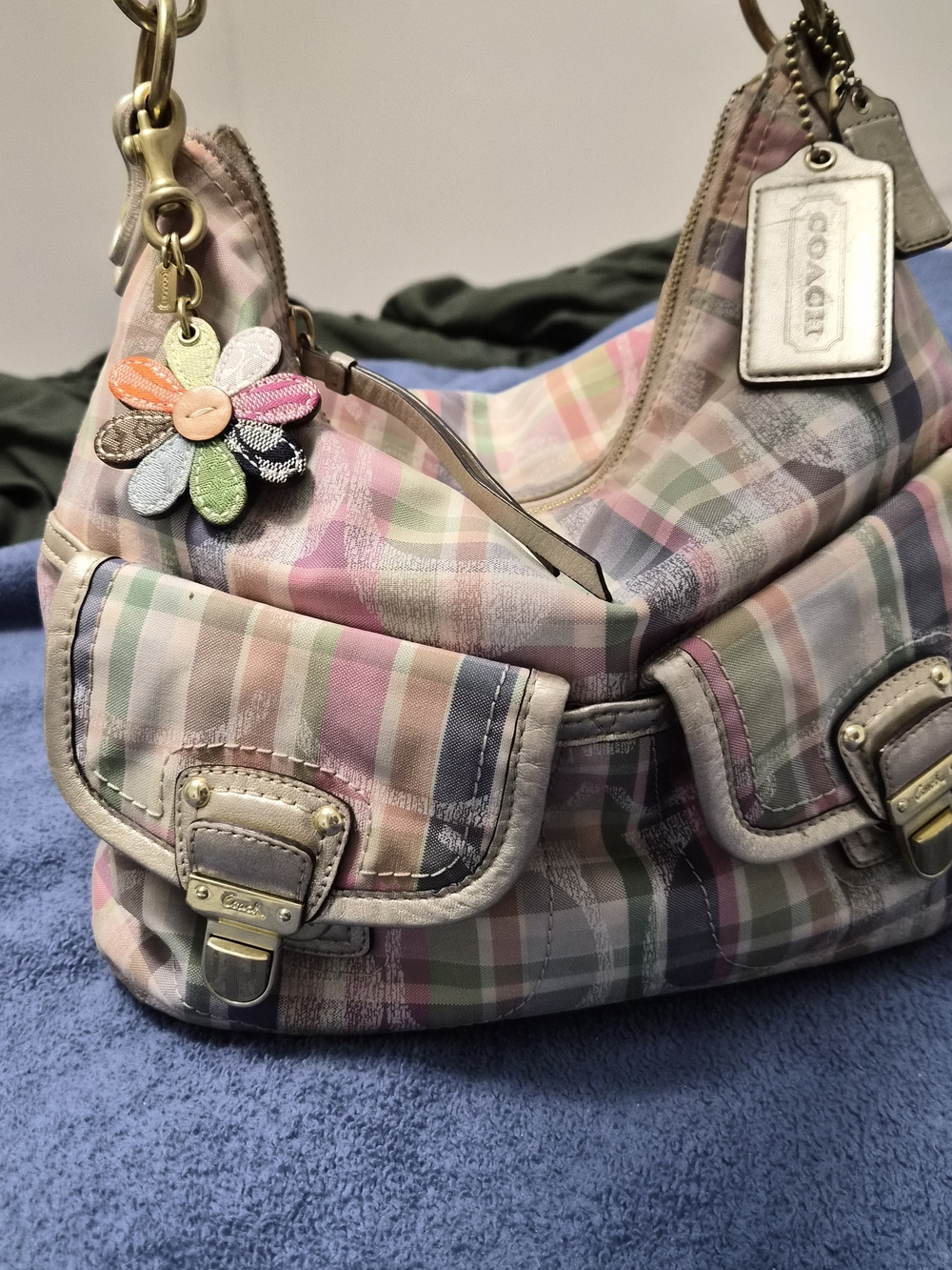 COACH Pastel Plaid Hobo Bag with Floral Charm